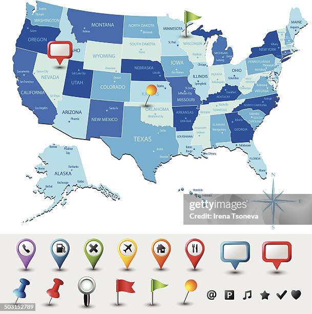 usa map with pins - highly detailed - distance marker stock illustrations