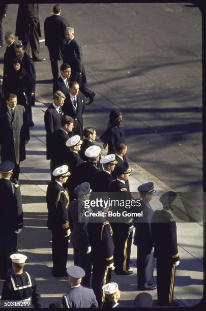 Jacqueline Kennedy with Jamie Auchincloss, Sargent Shriver, Robert Kennedy, Edward Kennedy and Stephen Smith outside St. Mathews Cathedral before the...