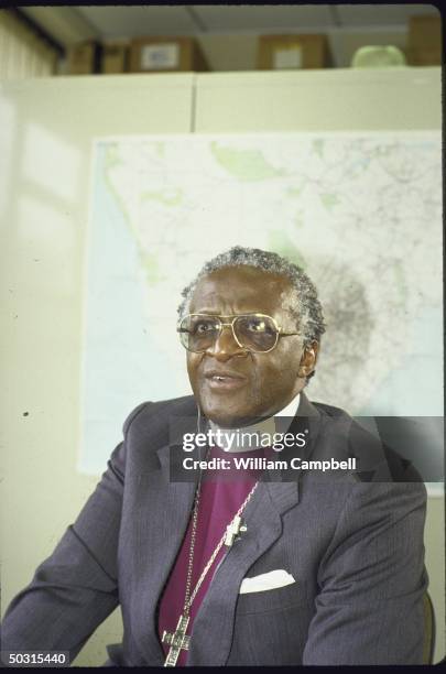 Bishop Desmond Tutu speaking during a live broadcast from the NBC offices.