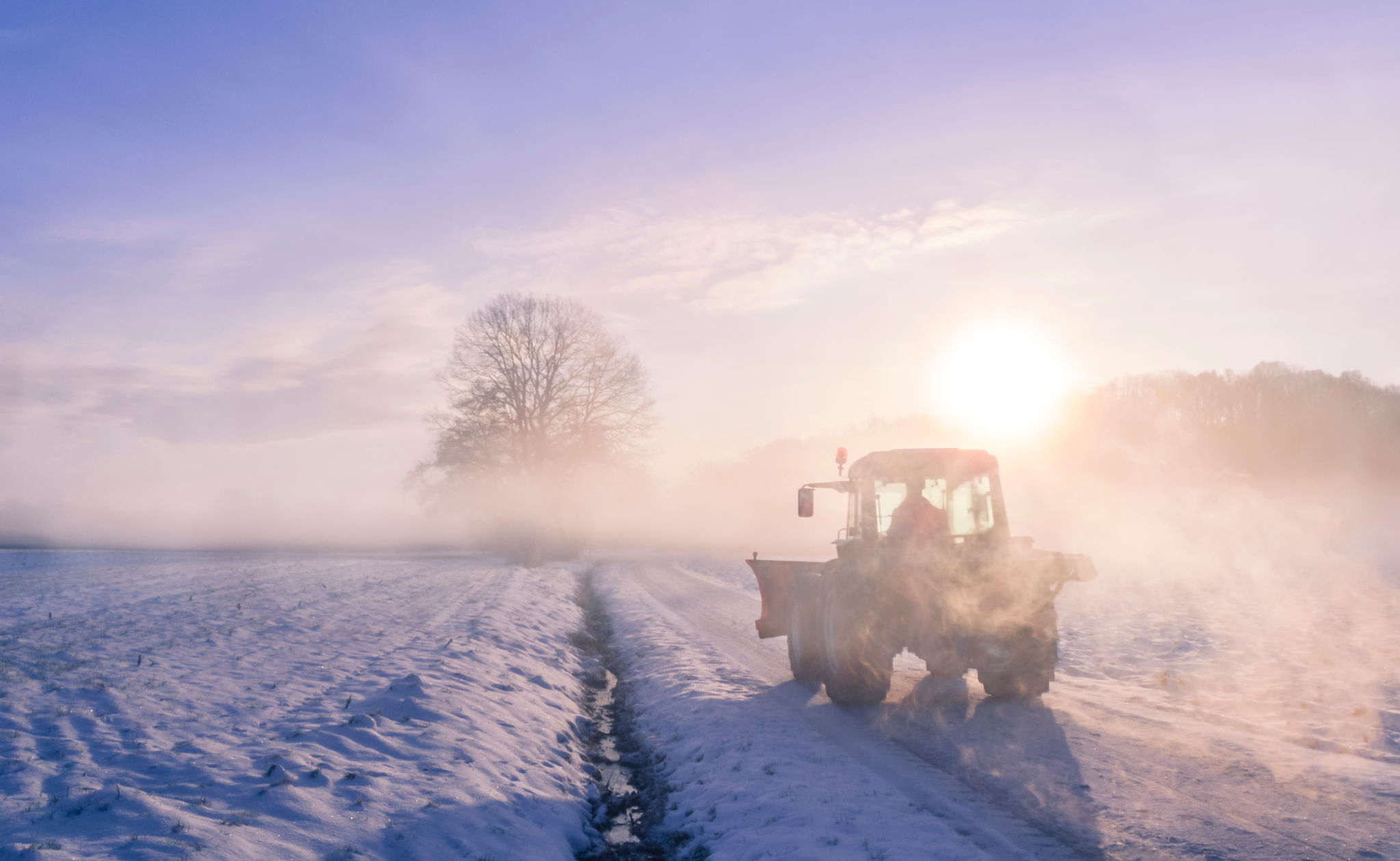 Tractor silhouette through fog, on snowy field Tractor silhouette through fog, on snowy field