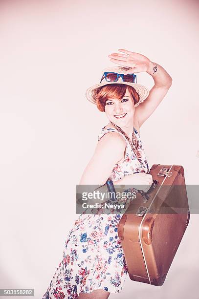 young woman with suitcase in retro style - funny tourist stock pictures, royalty-free photos & images