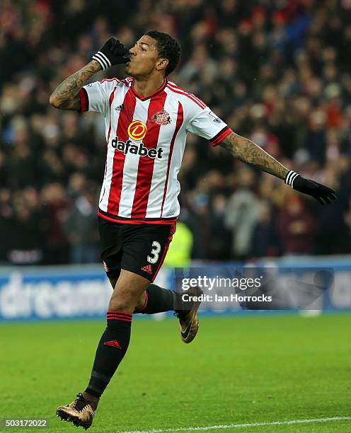 Patrick Van Aanholt of Sunderland celebrates after scoring the opening goal during the Barclays Premier League match between Sunderland and Aston...