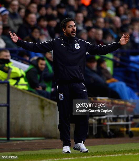 Huddersfield manager David Wagner shouts from the touchline during the Sky Bet Championship match between Bolton Wanderers and Huddersfield Town at...