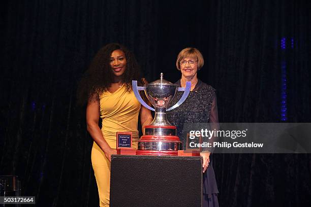 Serena Williams of the USA and former tennis player Margaret Court with the Hopman Cup at the 2016 Hopman Cup Player Party at Perth Crown on January...