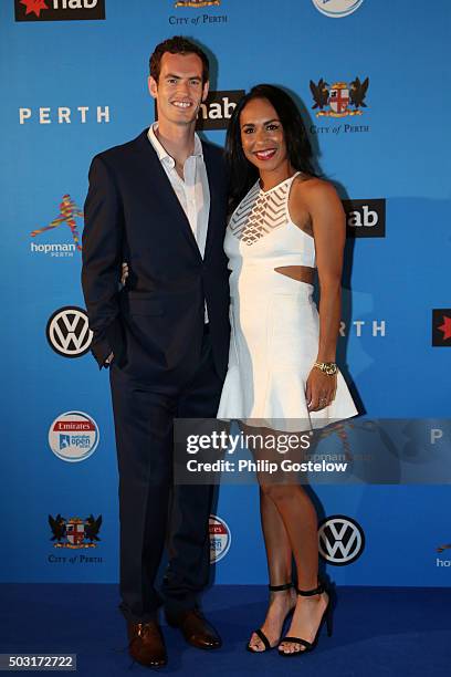 Andy Murray and Heather Watson arrive at the 2016 Hopman Cup Player Party at Perth Crown on January 2, 2016 in Perth, Australia.