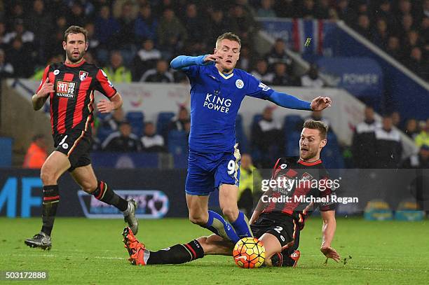 Jamie Vardy of Leicester City is fouled by Simon Francis of Bournemouth resulting in the penalty during the Barclays Premier League match between...