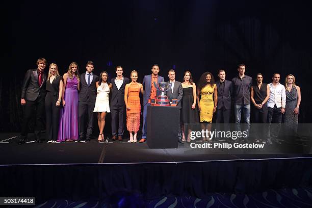 Group shot of Hopman Cup teams Germany represented by Alexander Zverev & Sabine Lisicki, Czech Republic represented by Karolina Pliskova & Jiri...