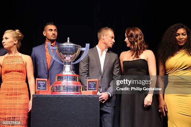 Daria Gavrilova and Nick Kyrgios Lleyton Hewitt and Jarmila Gajdosova and Serena Williams at the 2016 Hopman Cup Player Party at Perth Crown on...