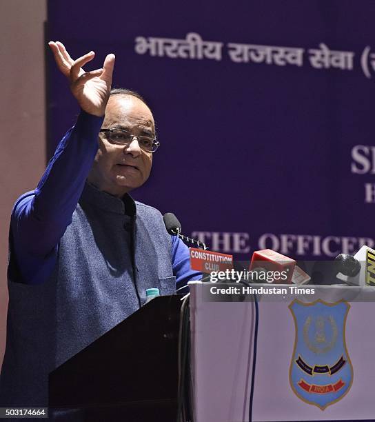 Finance Minister Arun Jaitley addresses the young Officer Trainees of the 67th Batch of the Indian Revenue Service to maintain absolute standards of...