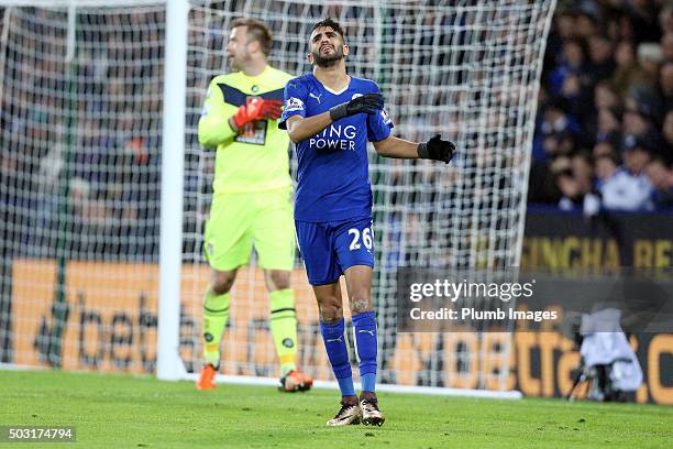 Riyad Mahrez of Leicester shows his frustration during the Barclays Premier League match between Leicester City and Bournemouth at the King Power...