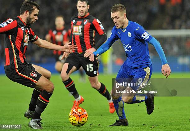 Jamie Vardy of Leicester City in action with Steve Cook of Bournemouth during the Barclays Premier League match between Leicester City and...