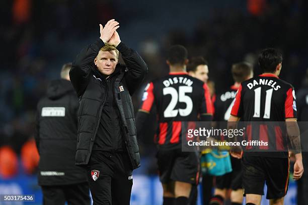 Eddie Howe Manager of Bournemouth applauds the supporters after the 0-0 draw in the Barclays Premier League match between Leicester City and...