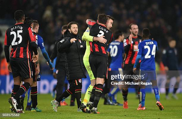 Artur Boruc of Bournemouth is congratulated by his team mates after their 0-0 draw in the Barclays Premier League match between Leicester City and...