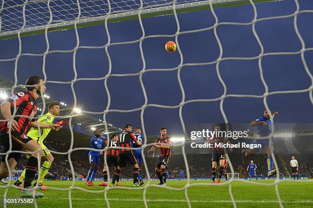 Wes Morgan of Leicester misses a chance during the Barclays Premier League match between Leicester City and Bournemouth at The King Power Stadium on...