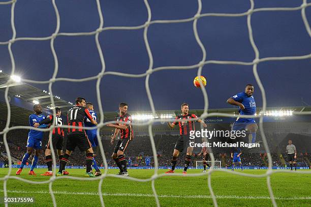 Wes Morgan of Leicester misses a chance during the Barclays Premier League match between Leicester City and Bournemouth at The King Power Stadium on...