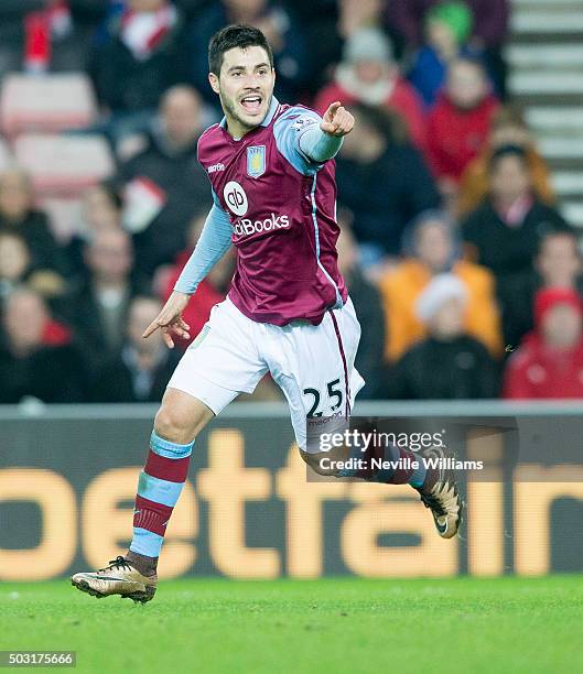 Carles Gil of Aston Villa celebrates his goal for Aston Villa during the Barclays Premier League match between Sunderland and Aston Villa at the...