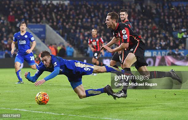 Jamie Vardy of Leicester City is brought down during the Barclays Premier League match between Leicester City and Bournemouth at The King Power...