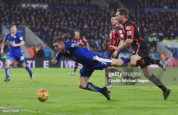 Jamie Vardy of Leicester City is brought down during the Barclays Premier League match between Leicester City and Bournemouth at The King Power...