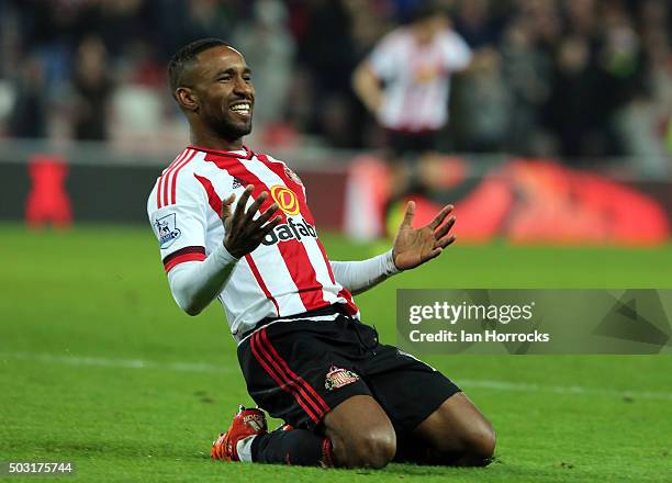 Jermain Defoe of Sunderland celebrates after he scores the third Sunderland goal during the Barclays Premier League match between Sunderland and...