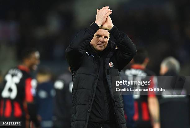 Eddie Howe Manager of Bournemouth applauds the supporters after the 0-0 draw in the Barclays Premier League match between Leicester City and...