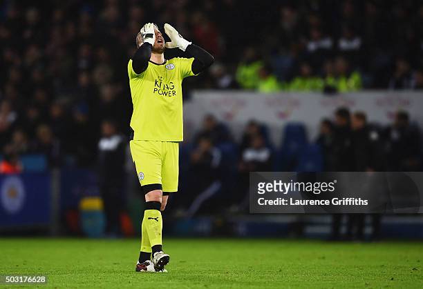 Kasper Schmeichel of Leicester City reacts during the Barclays Premier League match between Leicester City and Bournemouth at The King Power Stadium...