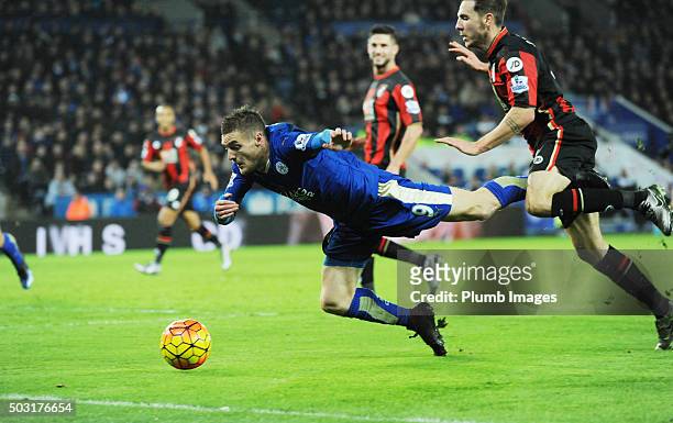 Jamie Vardy of Leicester City is brought down in the box by Simon Francis of Bournemouth during the Barclays Premier League match between Leicester...
