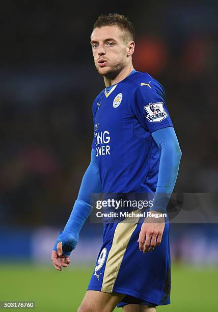 Jamie Vardy of Leicester City in action during the Barclays Premier League match between Leicester City and Bournemouth at The King Power Stadium on...