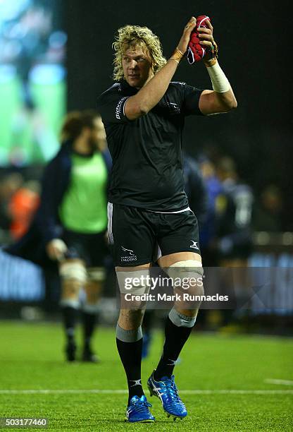 Mouritz Botha of Newcastle Falcons celebrates at the final whistle as his side won 19-14 over Bath Rugby during the Aviva Premiership match between...