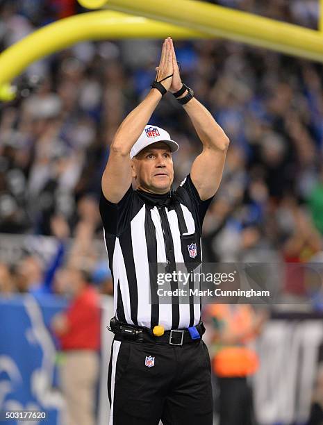 Official Clete Blakeman makes a safety call during the game between the Oakland Raiders and the Detroit Lions at Ford Field on November 22, 2015 in...
