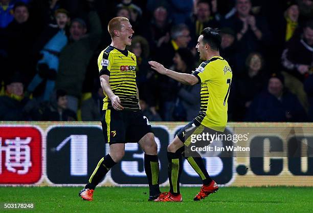Ben Watson of Watford celebrates with Jose Manuel Jurado of Watford after scoring his side's first goal during the Barclays Premier League match...