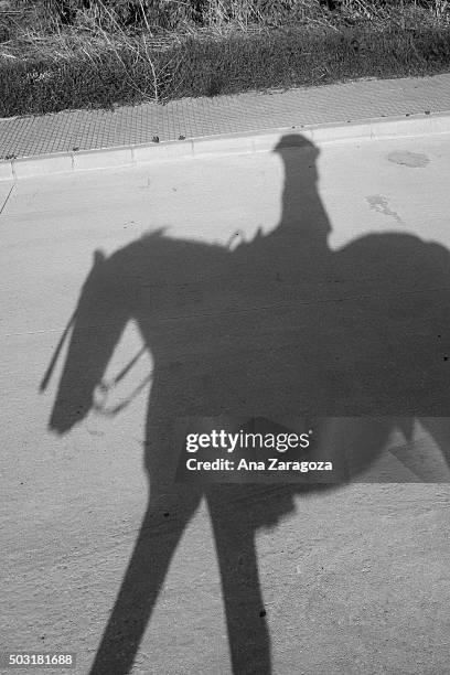 woman's shadow horseback riding - rota spain photos et images de collection