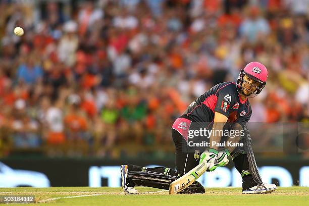 Ryan Carters of the Sixers reverse sweeps during the Big Bash League match between Perth Scorchers and Sydney Sixers at WACA on January 2, 2016 in...