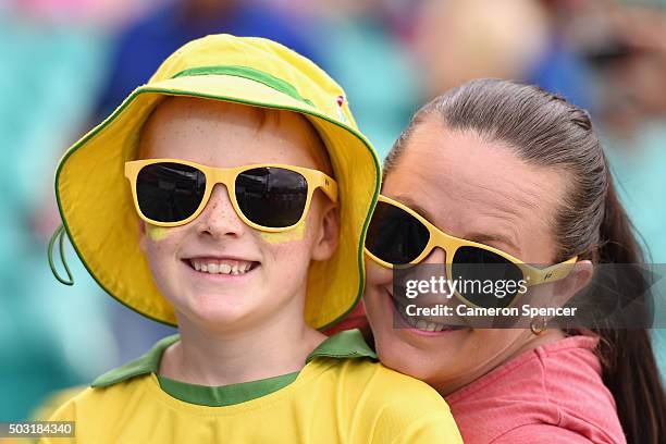 Fans show their colours during day one of the third Test match between Australia and the West Indies at Sydney Cricket Ground on January 3, 2016 in...