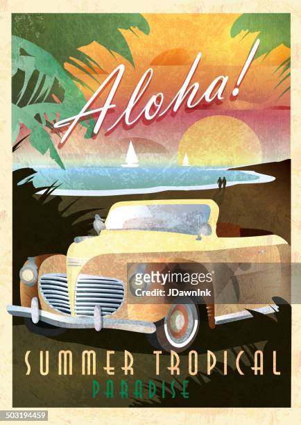 aloha paradise art-déco-stil klassischen cabrio auto-poster-design - poster stock-grafiken, -clipart, -cartoons und -symbole