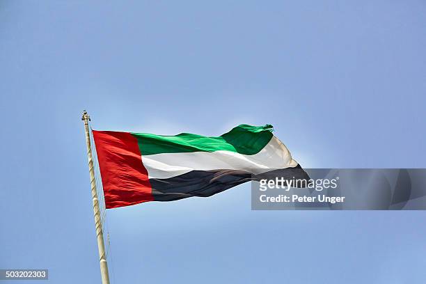 flying flag of united arab emirates - förenade arabemiraten bildbanksfoton och bilder
