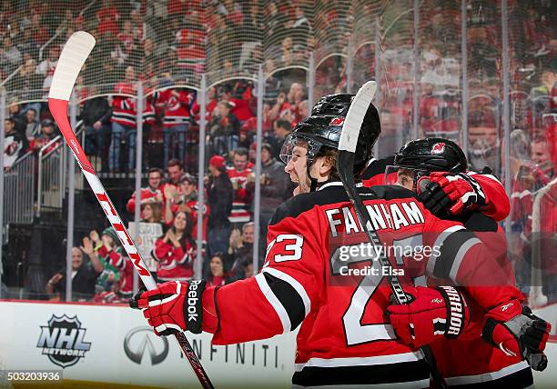 Bobby Farnham of the New Jersey Devils celebrates his goal in the second period against the Dallas Stars on January 2,2016 at Prudential Center in...
