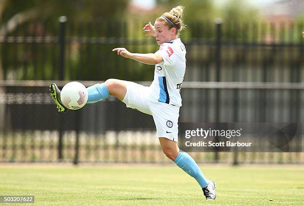 Kim Little of City FC controls the ball and scores the first goal during the round 12 W-League match between Melbourne City FC and the Western Sydney...