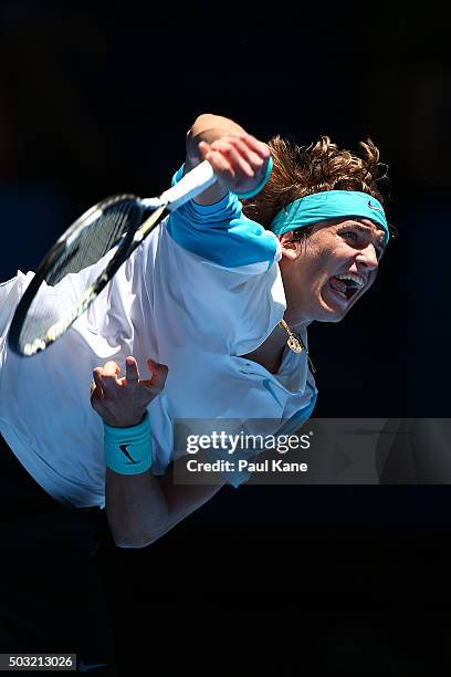 Alexander Zverev of Germany serves to Nick Kyrgios of Australia Green during day one of the 2016 Hopman Cup at Perth Arena on January 3, 2016 in...