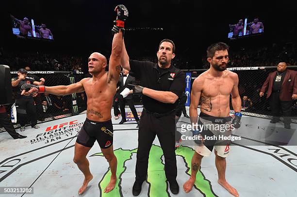 Robbie Lawler reacts to his victory over Carlos Condit in their UFC welterweight championship bout during the UFC 195 event inside MGM Grand Garden...