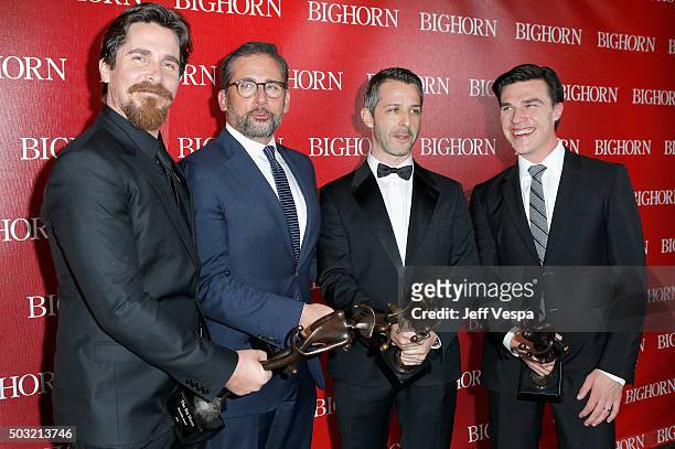 Actors Christian Bale, Steve Carell, Jeremy Strong and Finn Wittrock pose with the Ensemble Performance Award for "The Big Short" during the 27th...