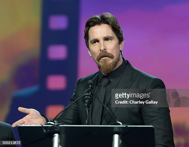 Actor Christian Bale accepts the Ensemble Performance Award for 'The Big Short' onstage at the 27th Annual Palm Springs International Film Festival...