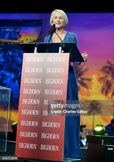 Actress Helen Mirren speaks onstage at the 27th Annual Palm Springs International Film Festival Awards Gala at Palm Springs Convention Center on...