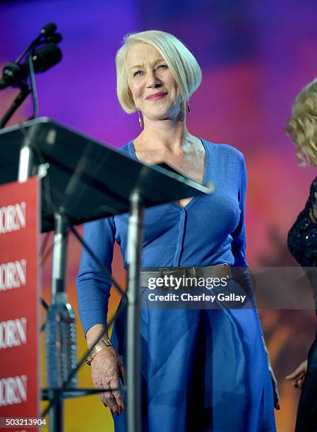 Actress Helen Mirren speaks onstage at the 27th Annual Palm Springs International Film Festival Awards Gala at Palm Springs Convention Center on...