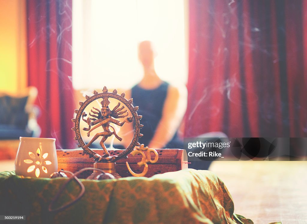 Yoga altar with light and meditation