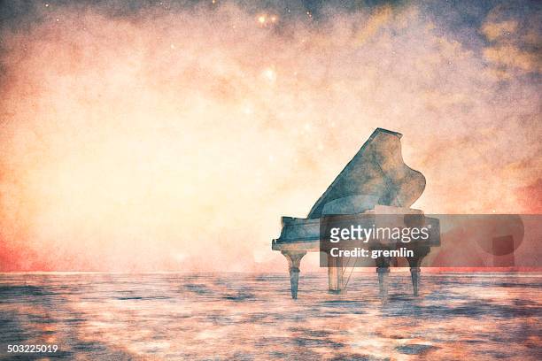 piano standing in fantasy landscape - piano stock pictures, royalty-free photos & images