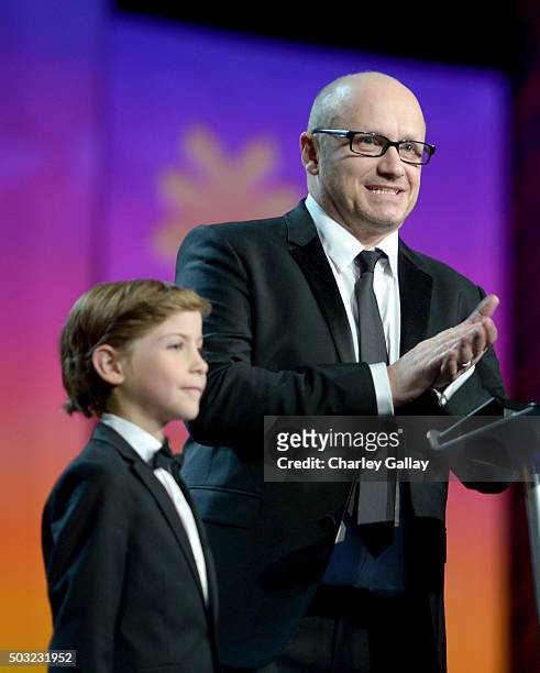 Actor Jacob Tremblay and director Lenny Abrahamson present the Breakthrough Performance Award onstage at the 27th Annual Palm Springs International...