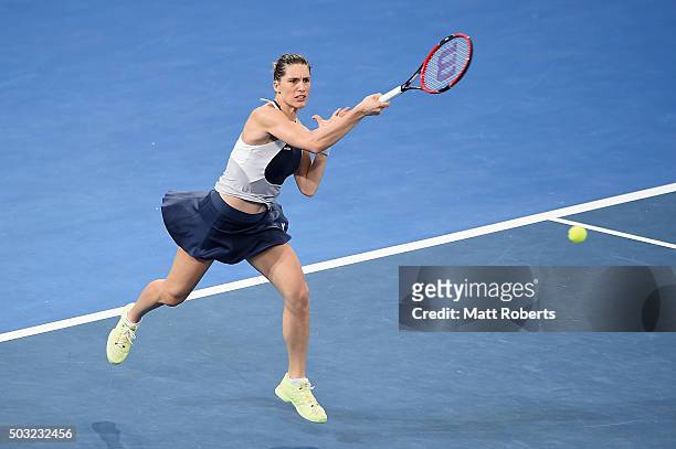 Andrea Petkovic of Germany plays a forehand against Teliana Pereira of Brazil during day one of the 2016 Brisbane International at Pat Rafter Arena...
