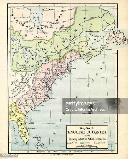 Color-coded map, entitled 'Map No 3, English Colonies Showing Extent of Actual Jurisdiction,' illustrates the French , English , and Spanish , the...