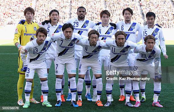 Gamba Osaka players line up for the team photos prior to the 95th Emperor's Cup final between Urawa Red Diamonds and Gamba Osaka at Ajinomoto Stadium...