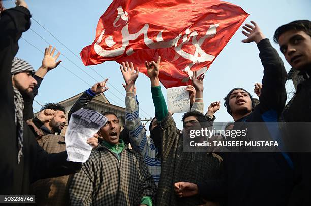 Kashmiri Shiite protesters shout slogans during a demonstration in Srinagar on January 3 against the execution of prominent Shiite Muslim cleric Nimr...